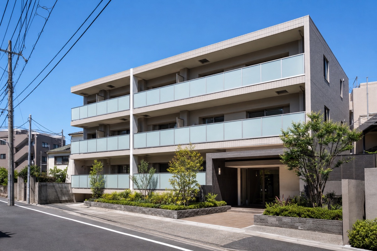 晴天の住宅街に建つ清潔な賃貸マンション