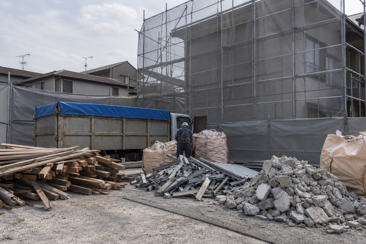 木材と金属とコンクリートを分別して搬出する解体工程