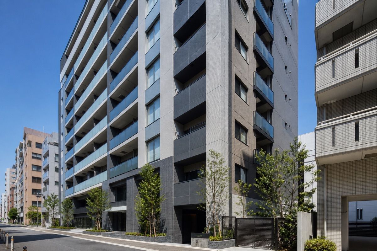 晴天の都市部に建つ中高層マンション